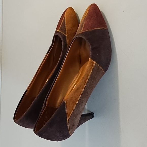 8AA Gorgeous Multi Brown Genuine Suede Leather Patchwork Pump Kitten Heel Shoes - Picture 1 of 16
